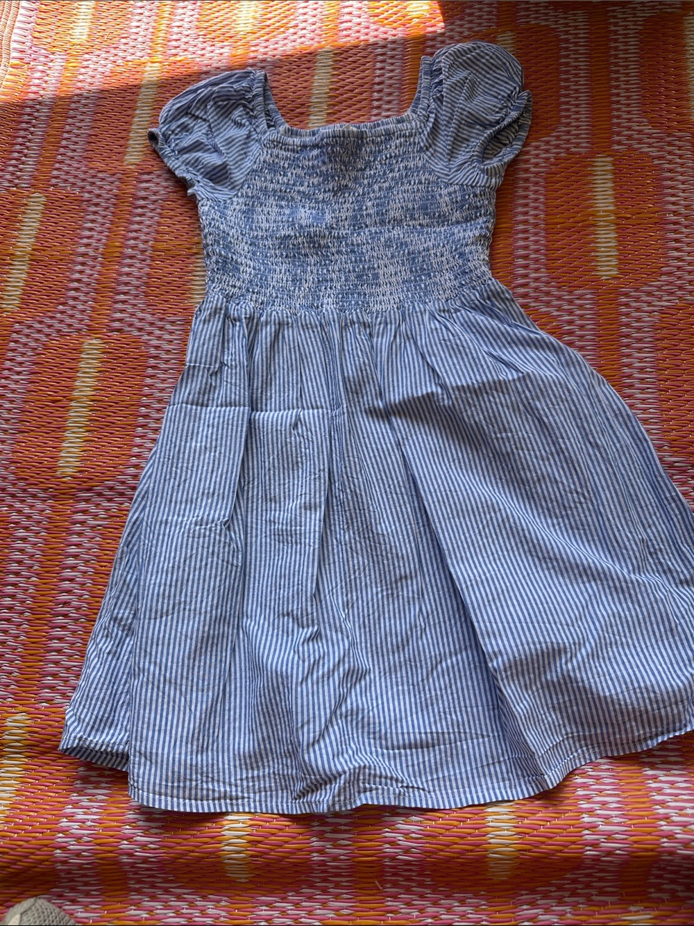 Crewcuts Blue & White Striped Smocked Dress with Puff Sleeves
